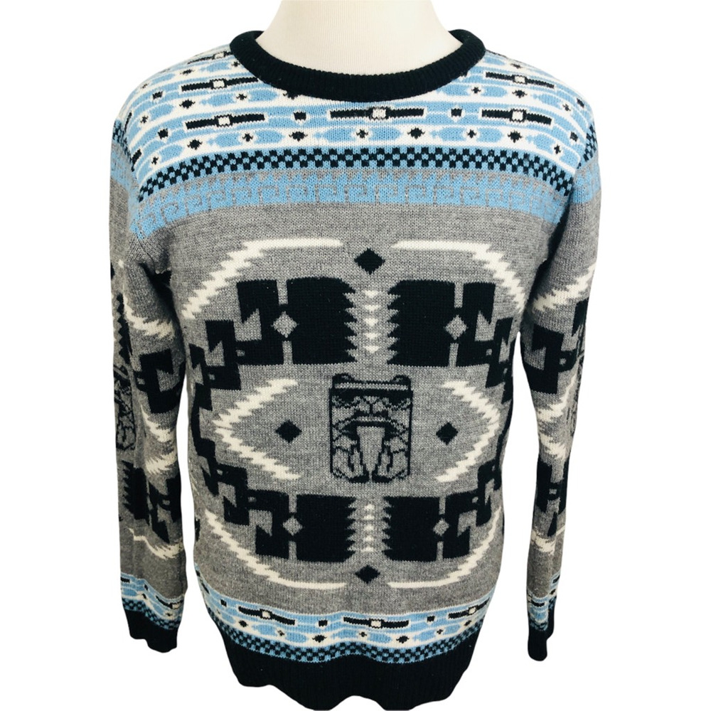 Vanguard Tiki Sweater Mens Small Gray Blue Aztec Ribbed Australia Wool Blend